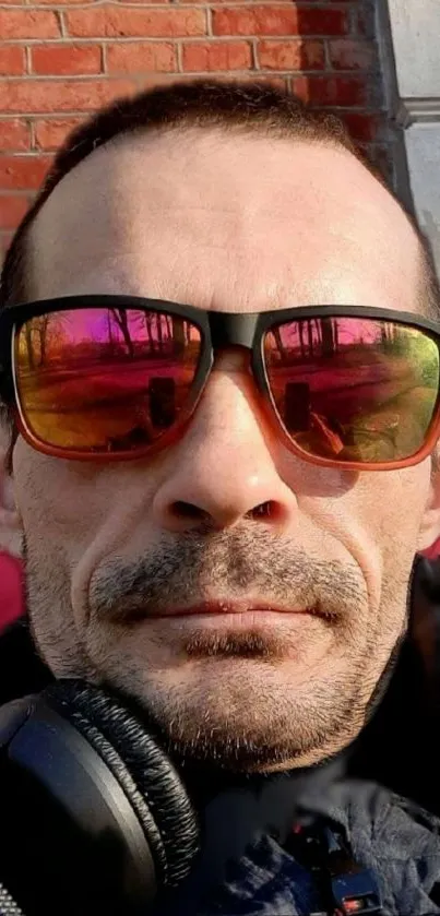 Man wearing sunglasses and headphones against a brick wall.