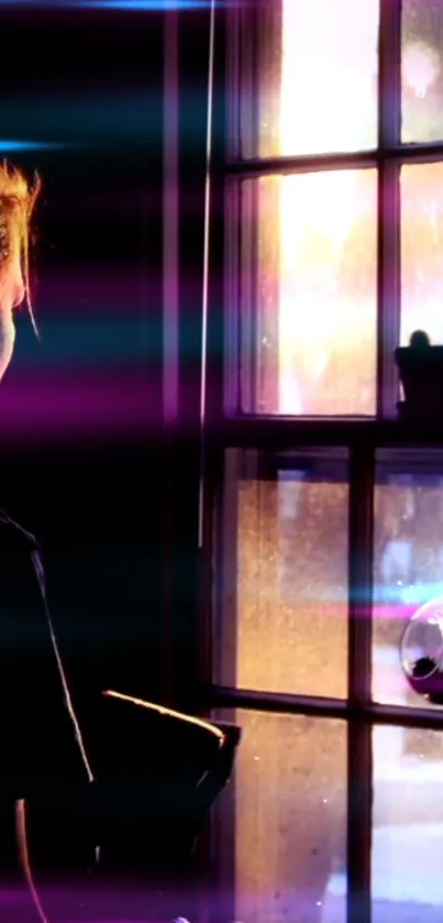 Person looking out a window at sunset with neon light accents.