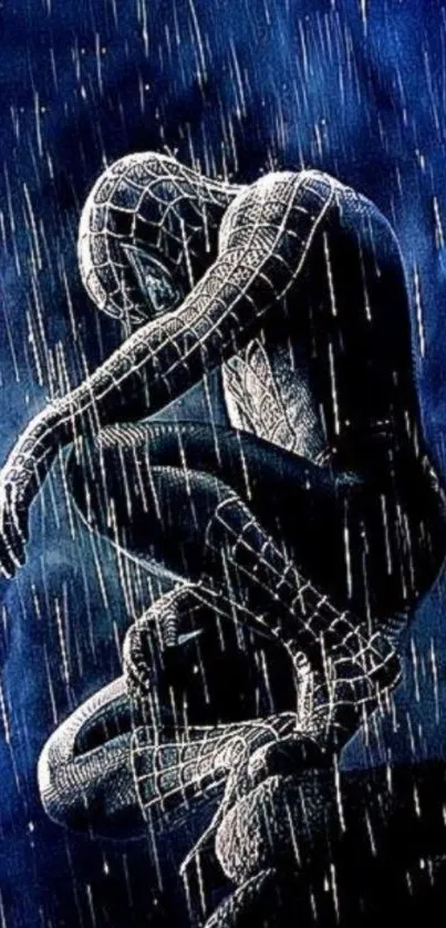 Superhero crouching in rain at night.