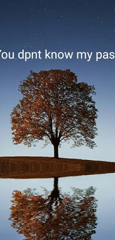 Tree reflected in water under a starry night sky with text overlay.