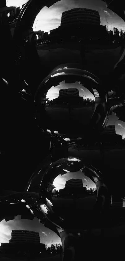 Reflective urban art spheres in monochrome wallpaper.