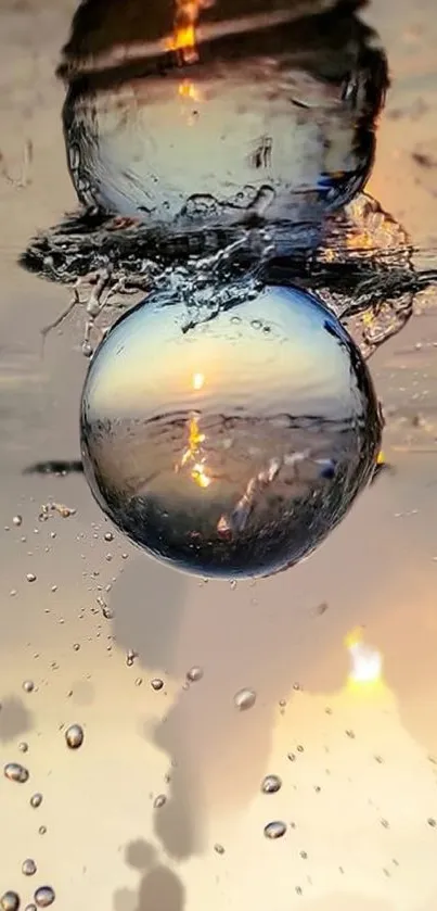 Artistic mobile wallpaper with water bubble reflecting sunset glow.