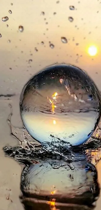 Reflective water sphere with stunning sunset backdrop.