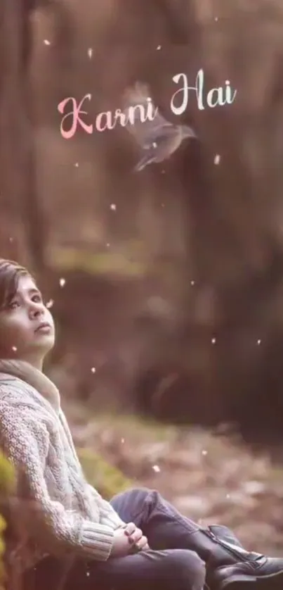 Boy sitting in brown forest setting, exuding serenity and reflection.