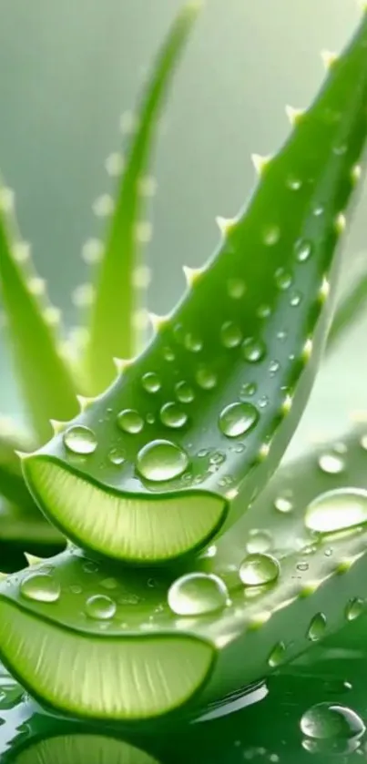 Close-up of aloe leaves with dew drops.