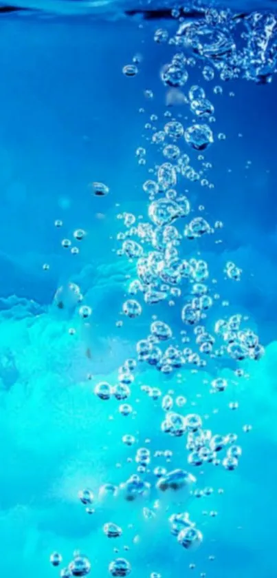 Aqua bubbles rising in vivid blue water background for phone.