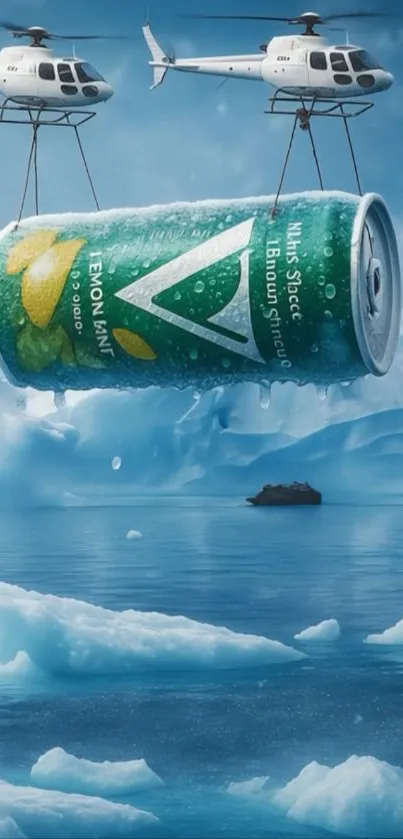 Helicopters carry a giant lemon mint drink over icy Arctic landscape with penguin.