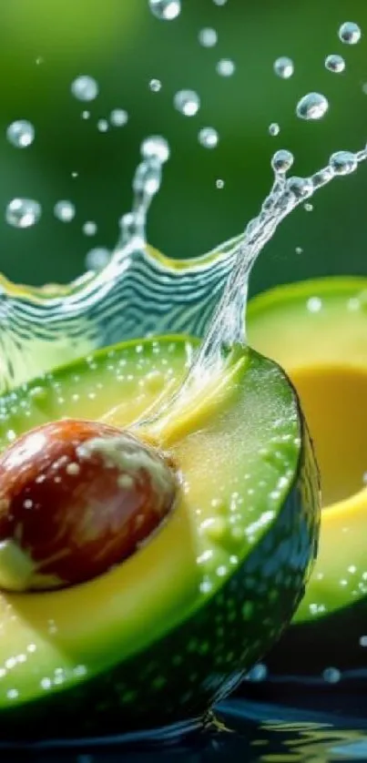 Avocado halves with water splash in vibrant colors.