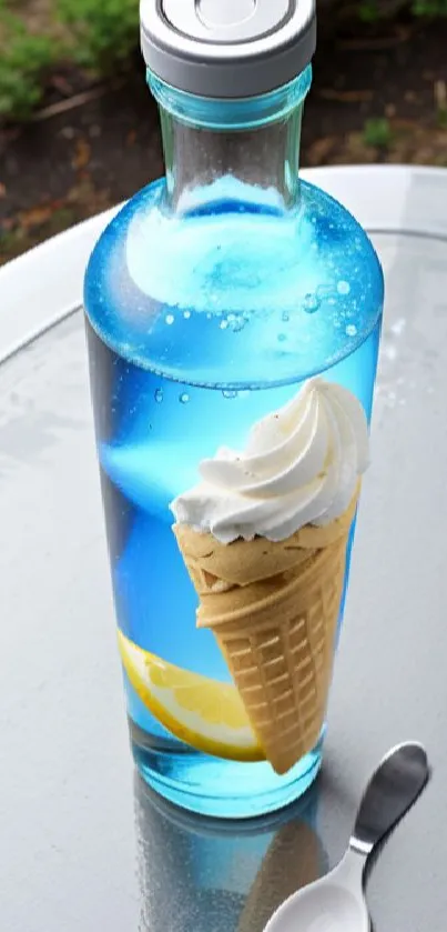 Vibrant blue drink with lemon and ice cream cone.