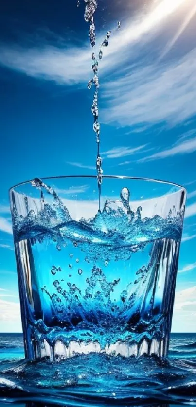 Blue water in a glass with ocean and sky background wallpaper.