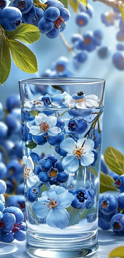Blueberries and flowers in a glass art wallpaper.