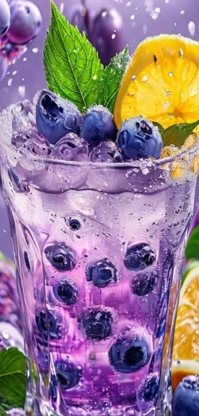 Colorful blueberry lemon drink with ice