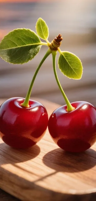 Two vibrant red cherries with green leaves on a wooden surface.