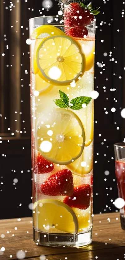 Tall glass of citrus and berry drink with lemon slices and strawberries.