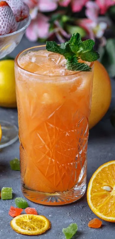 Vibrant citrus cocktail with fresh oranges and floral decor.