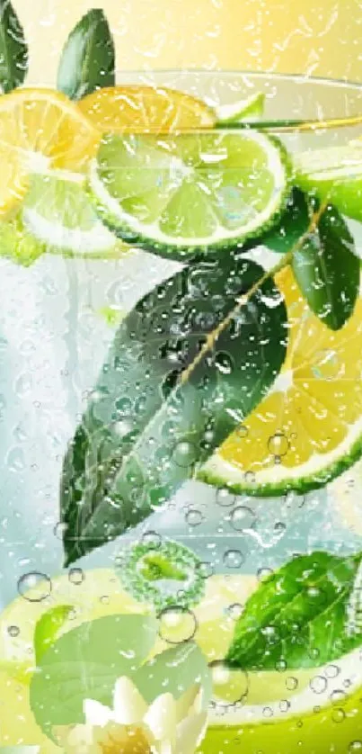 Glass of citrus drink with lemons, limes, and leaves in vivid greens and yellows.