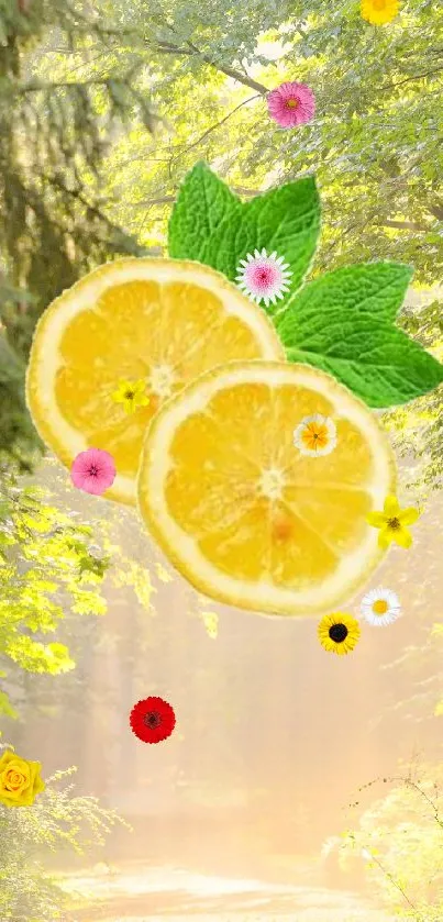 Vibrant wallpaper with lemons and forest scenery in sunlight.