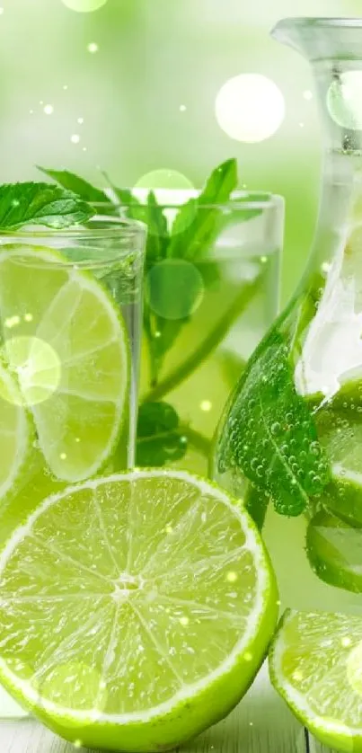 Lime and mint in a glass and pitcher refreshing wallpaper.