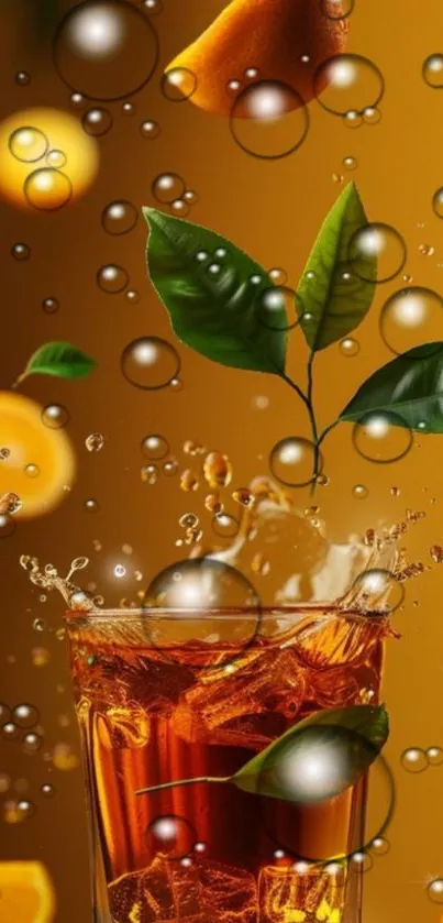 A lively orange citrus splash with leaves and bubbles.