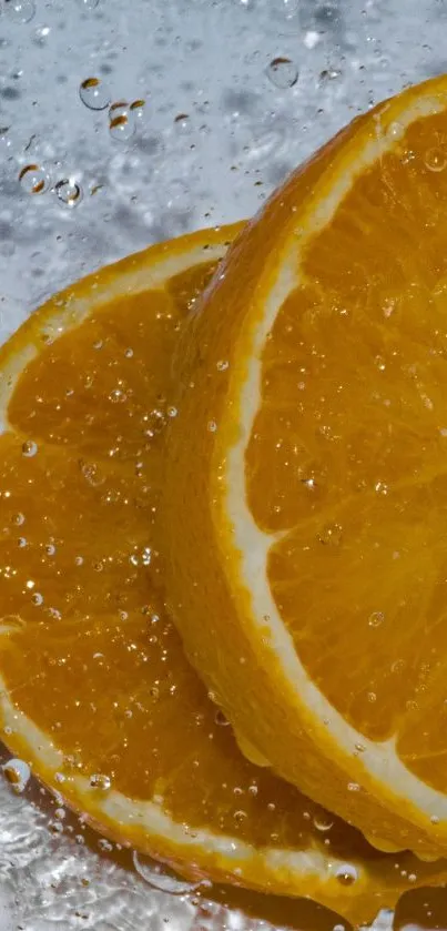 Orange slices with water droplets on a vibrant wallpaper backdrop.