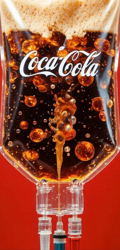 Coca-Cola infusion art with red background and bubbles.
