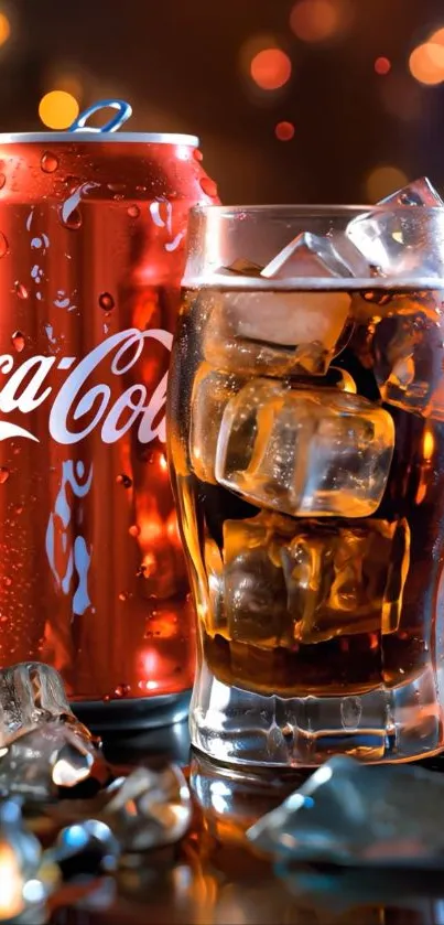 Coca-Cola can with ice-filled glass, sparkling and refreshing.