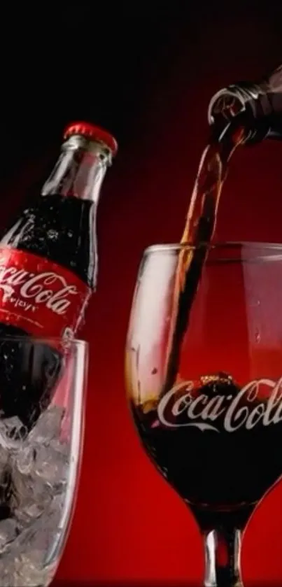 Coca-Cola bottle pouring into glass with ice.