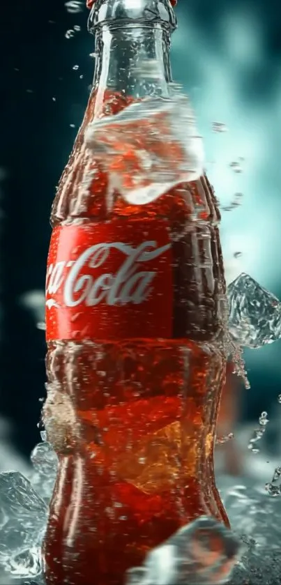 Coca-Cola bottle with ice splash mobile wallpaper.