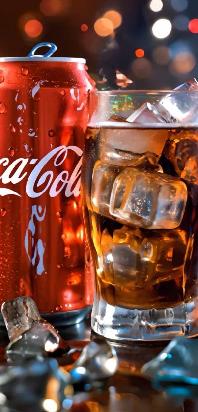 Chilled Coke can and glass with ice
