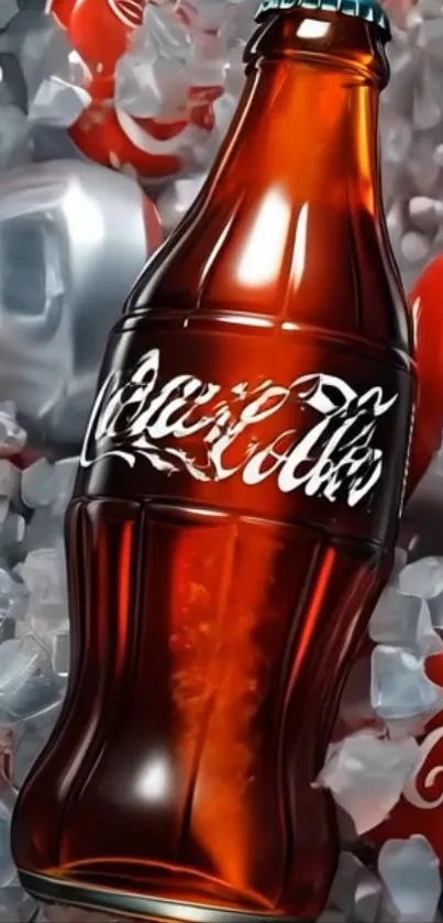 Chilled cola bottle surrounded by ice.