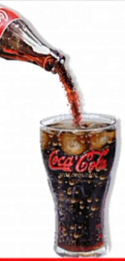 Cola being poured into a glass with ice and bubbles, set as mobile wallpaper.