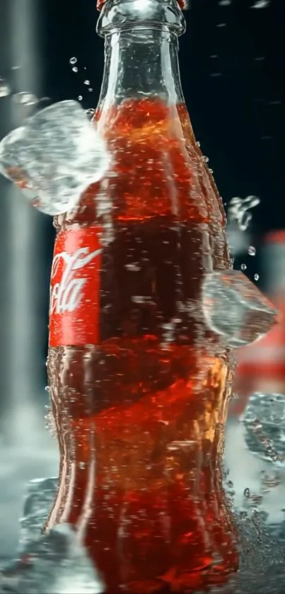 Cola bottle with ice cubes splashing around.