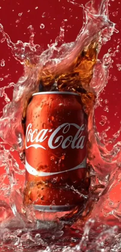 Cola can with splash on red background