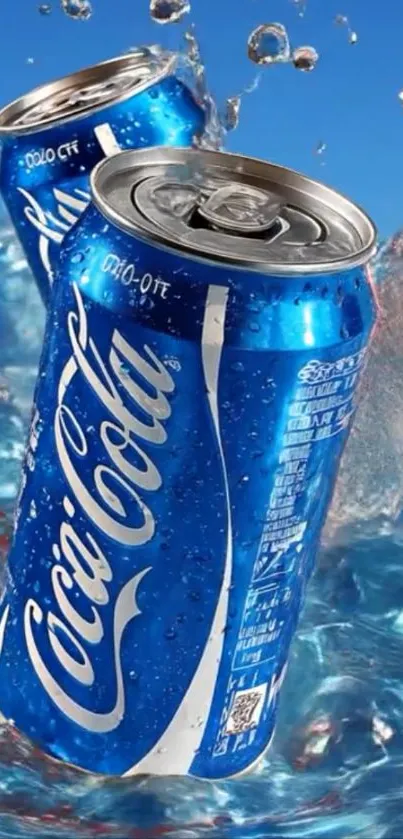 Blue soda cans splashing in water with a vibrant background.