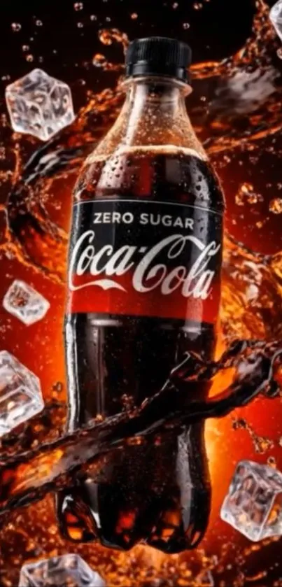 Coca-Cola Zero bottle with ice and splashes.