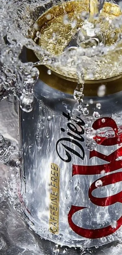 Diet Coke can with splashing water effect.