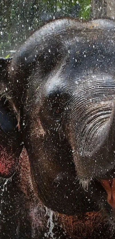 Elephant enjoying a refreshing shower, close-up view.