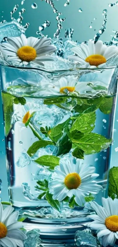 Refreshing daisies and mint in water glass.