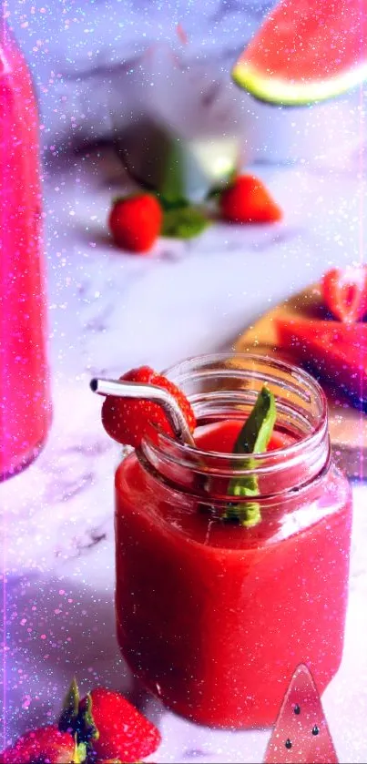 Colorful fruit drink with strawberries and watermelon slices on marble.