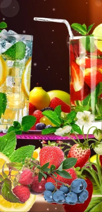 Vibrant wallpaper featuring fresh fruit cocktails with berries and citrus slices.