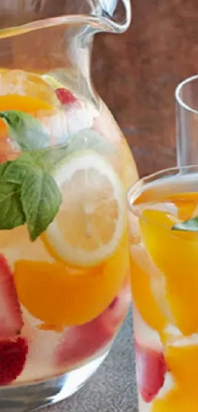 Clear pitcher with citrus fruit infusion and strawberries.