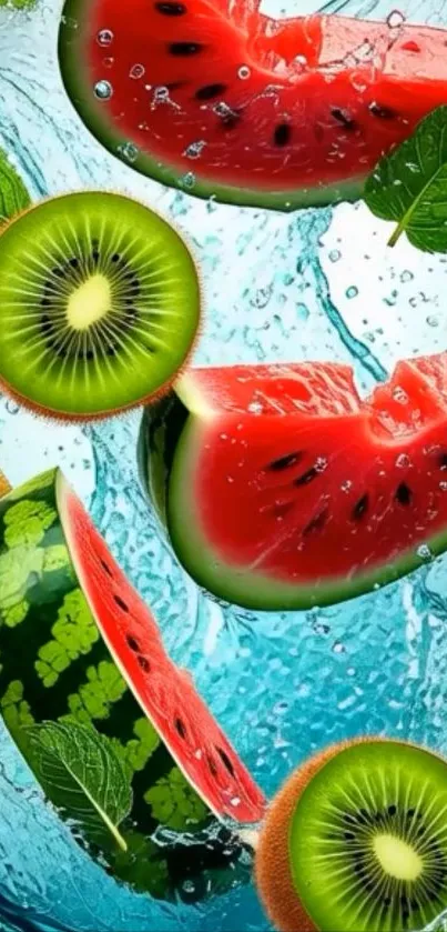 Vibrant fruit splash wallpaper with kiwi and watermelon slices.