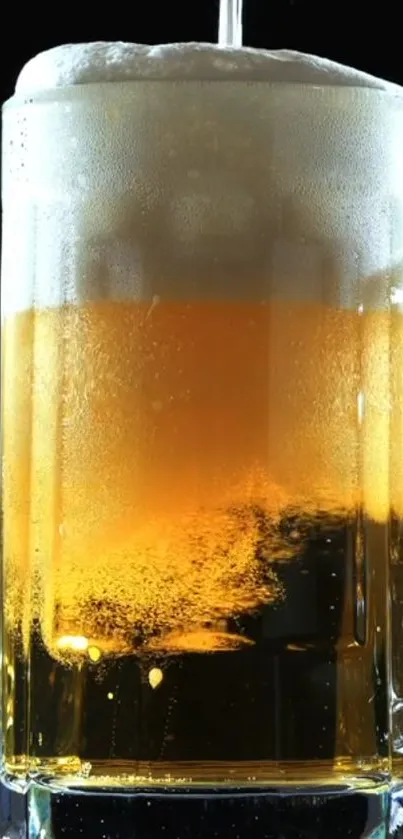 Vibrant beer mug with frothy foam and golden hue on dark background.