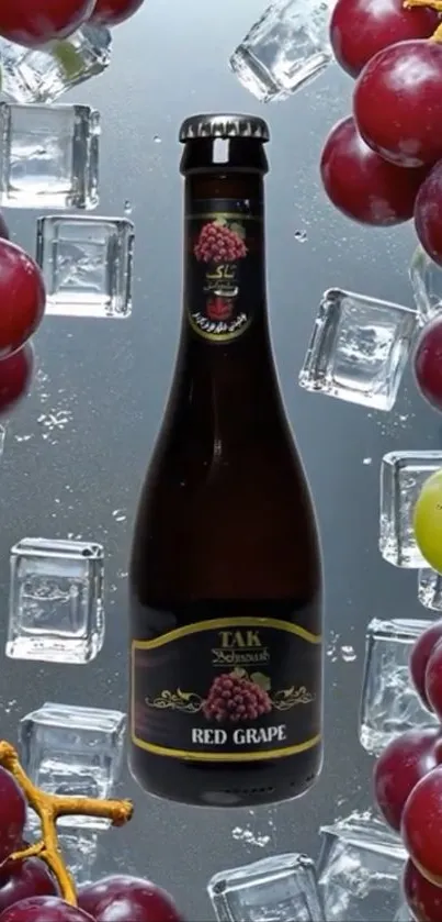 Grape drink bottle with ice and fruit accent.