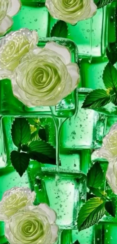 Green floral wallpaper with white roses and leaves.