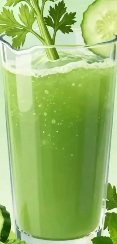 A tall glass of vibrant green juice with cucumber slices and parsley.