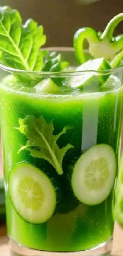 A refreshing glass of green juice with cucumbers and leafy greens.