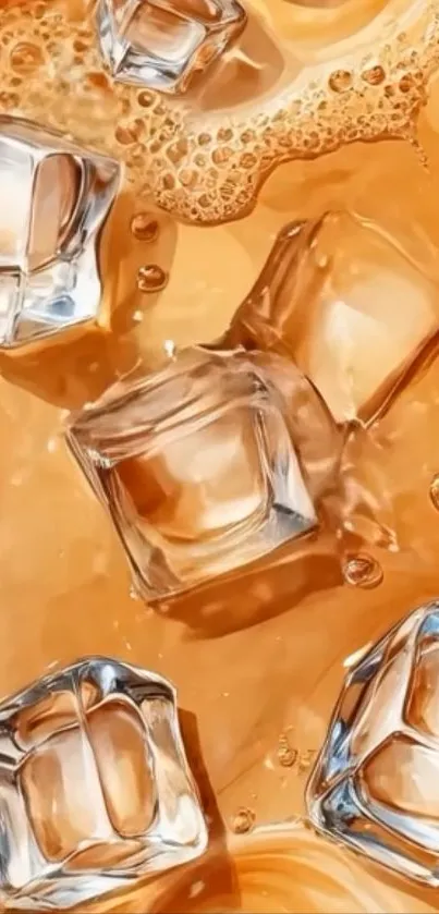 Ice cubes floating in amber drink wallpaper.
