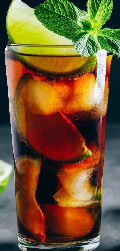 Refreshing iced drink with lime and mint on a dark green background.