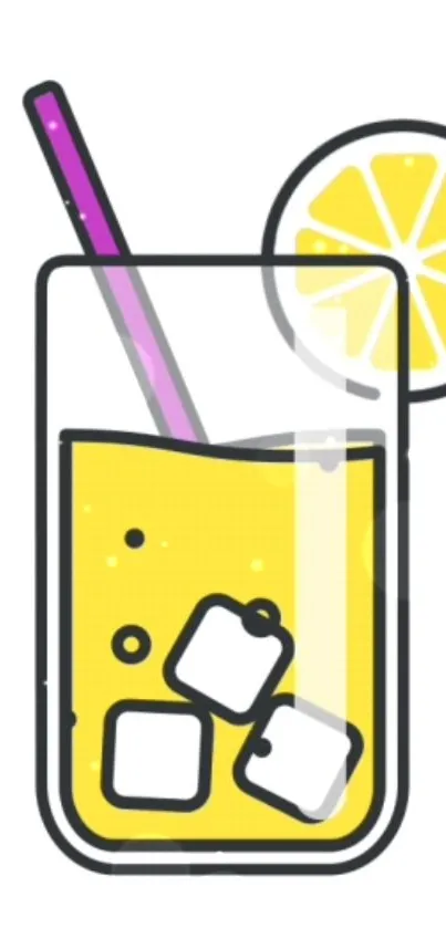 Colorful lemon drink illustration with ice cubes and straw.